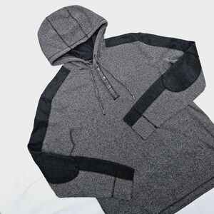 Marc Anthony Mens Large Hoodie Pullover Sweater Henley Herringbone Elbow patches